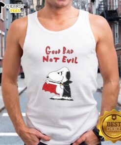 Premium Snoopy Vampire tank top featuring 'Good, Bad, Not Evil' design for fans of fun and unique apparel.