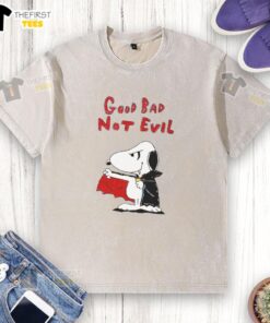 Premium Snoopy Vampire Good Bad Not Evil washed t-shirt featuring a playful Snoopy design for Halloween enthusiasts.