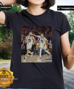 Premium Stephen Curry and Jordan Poole Golden State Warriors basketball image on a ladies tee shirt design.