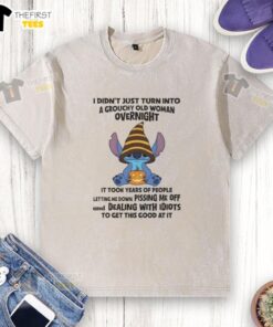 Alt Text: Premium Stitch I Didn't Just Turn Into A Grouchy Old Woman Overnight T-Shirt in soft fabric with humorous text design.