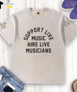 Premium support for hiring live musicians, featuring a stylish washed t-shirt design promoting live music events.