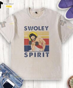 Premium Swoley Spirit weightlifting Jesus vintage washed t-shirt featuring a unique design for fitness enthusiasts.