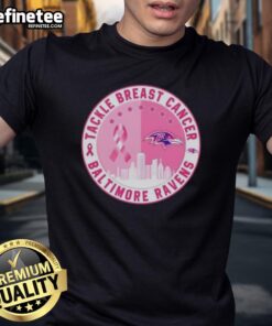 Premium Tackle Breast Cancer Baltimore Ravens Football Skyline T-Shirt featuring a vibrant city skyline and team logo.