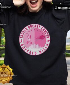 Premium Tackle Breast Cancer Buffalo Bills football skyline sweatshirt featuring team colors and logo.