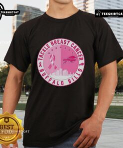Premium Tackle Breast Cancer Buffalo Bills football skyline t-shirt featuring team colors and supportive design for awareness.