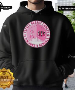 Premium Tackle Breast Cancer hoodie featuring Cincinnati Bengals logo and skyline design, perfect for football fans.