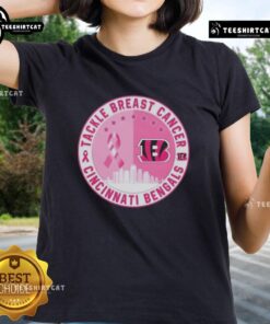Premium Tackle Breast Cancer Cincinnati Bengals football skyline ladies tee featuring a stylish design and team colors.