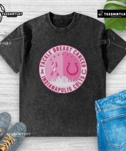 Premium Tackle Breast Cancer Indianapolis Colts football skyline washed t-shirt featuring vibrant team colors and design.