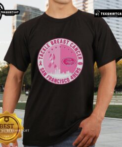 Premium Tackle Breast Cancer SF 49ers Football Skyline T-Shirt featuring team colors and skyline design for breast cancer awareness.