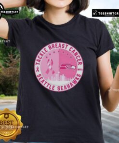 Premium Tackle Breast Cancer Seattle Seahawks ladies tee featuring a skyline design, perfect for football fans.