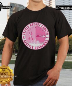 Premium Tackle Breast Cancer Seattle Seahawks Football Skyline T-Shirt featuring Seattle skyline and team colors.