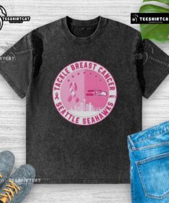 Premium Tackle Breast Cancer Seattle Seahawks football skyline washed t-shirt featuring vibrant team colors and design.