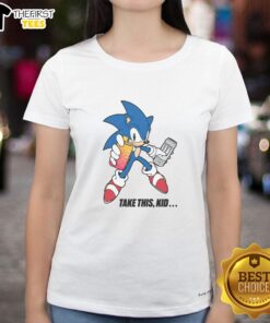 Premium Take This Kid Sonic Hedgehog Vape Ladies Tee featuring vibrant Sonic graphics on a stylish women's shirt.