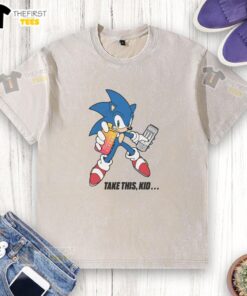 Alt Text: Premium Take This Kid Sonic the Hedgehog Vape Washed T-Shirt featuring a vibrant graphic of Sonic in a playful design.
