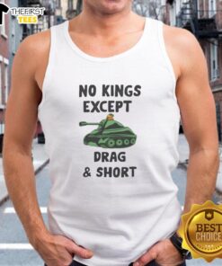 Premium tank top featuring 'No Kings Except Drag' design, perfect for stylish summer wear and drag culture enthusiasts.