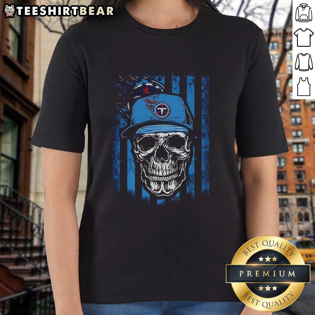 Premium Tennessee Titans Nfl Skull American Flag Footaball Lover Ladies Tee Premium Tennessee Titans NFL Skull American Flag Tee for football lovers, perfect for ladies' casual wear.