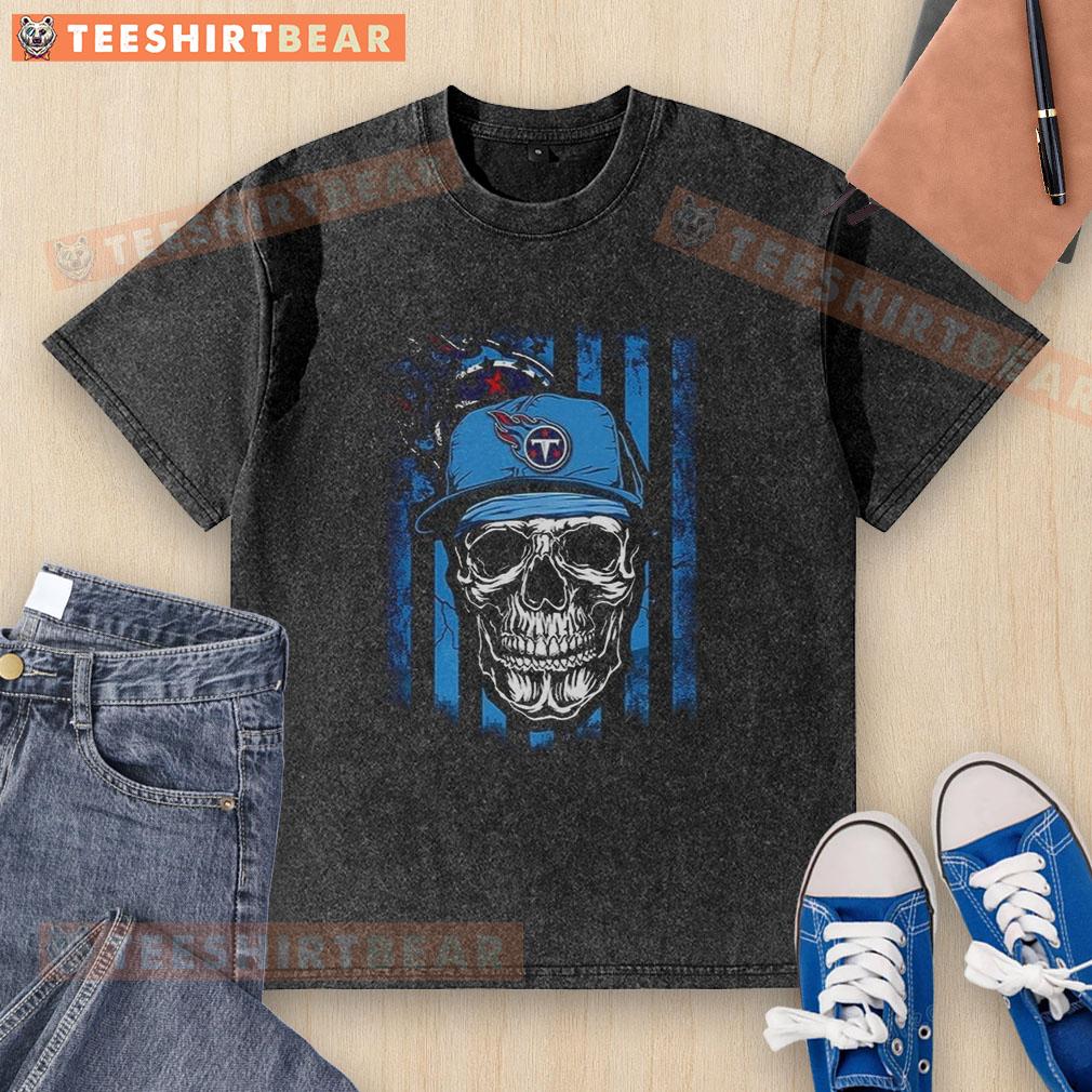 Premium Tennessee Titans Nfl Skull American Flag Footaball Lover Washed T Shirt Premium Tennessee Titans NFL Skull American Flag T-Shirt for Football Lovers, featuring a stylish washed design.