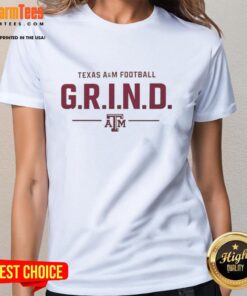 Alt Text: Premium Texas A&M Football G.R.I.N.D. logo on a stylish ladies tee, perfect for fans and casual wear.