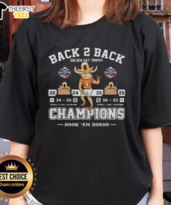 Alt Text: Premium Texas Longhorns ladies tee celebrating back-to-back Golden Hat Trophy champions against Oklahoma Sooners 2025.