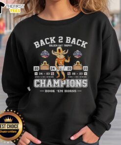 Premium Texas Longhorns sweatshirt celebrating back-to-back Golden Hat Trophy champions over Oklahoma Sooners 2025.