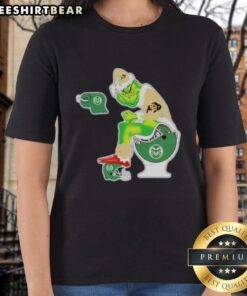 Premium Grinch Colorado Buffaloes tee featuring a whimsical design with Santa sitting on a toilet for holiday cheer.