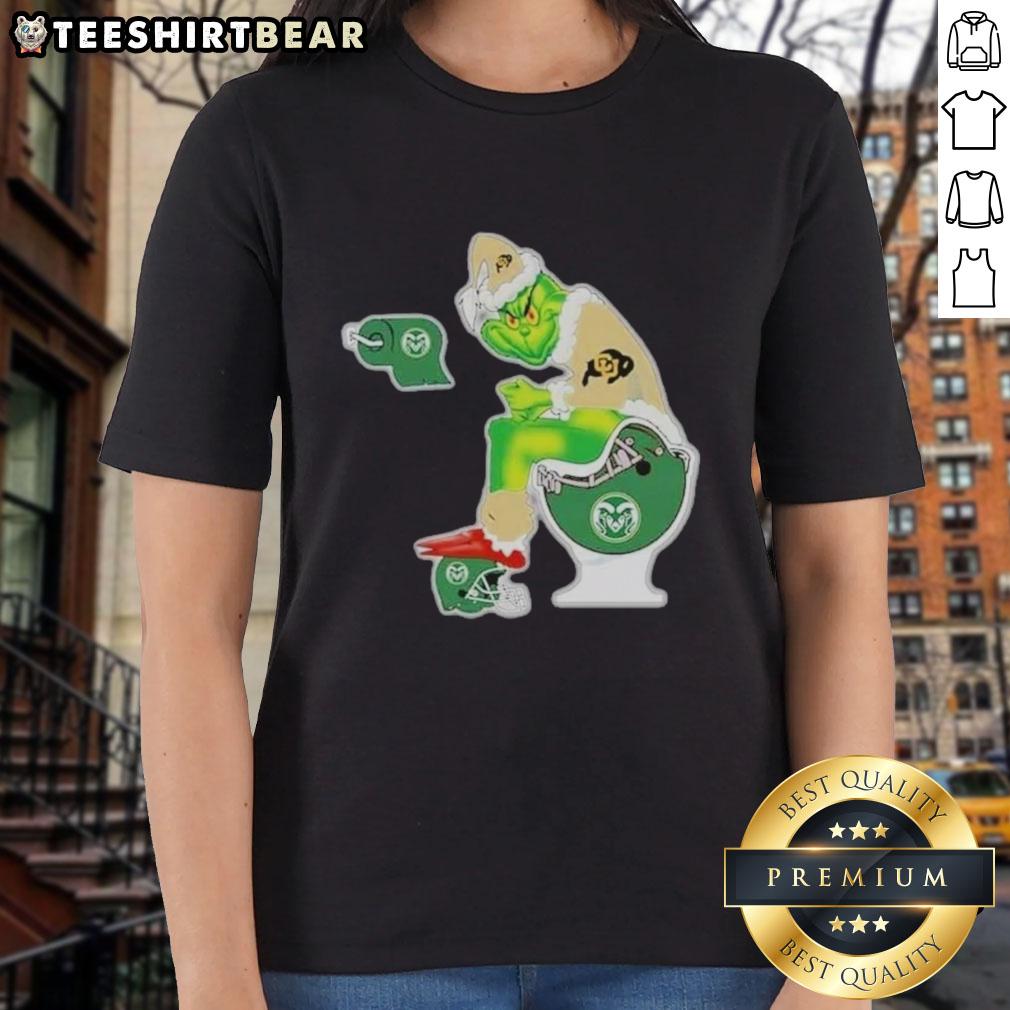 Premium The Grinch Colorado Buffaloes Sitting On Toilet Colorado State Rams Xmas Holiday Christmas Ladies-Tee Premium Grinch Colorado Buffaloes tee featuring a whimsical design with Santa sitting on a toilet for holiday cheer.