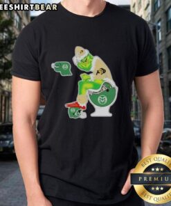 Premium The Grinch Colorado Buffaloes Christmas T-Shirt featuring Grinch on toilet with Colorado State Rams design.