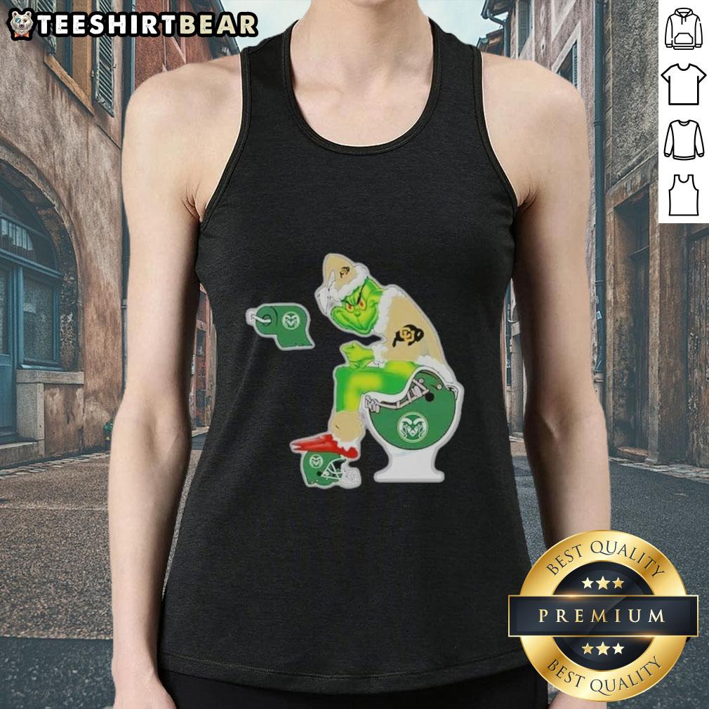 Premium The Grinch Colorado Buffaloes Sitting On Toilet Colorado State Rams Xmas Holiday Christmas Tank Top Premium The Grinch Colorado Buffaloes tank top featuring a humorous holiday design with a toilet and Colorado State Rams.