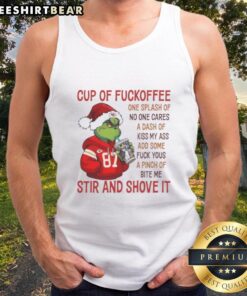 Premium Grinch Kansas City Chiefs tank top featuring humorous coffee-themed text and vibrant design for fans.