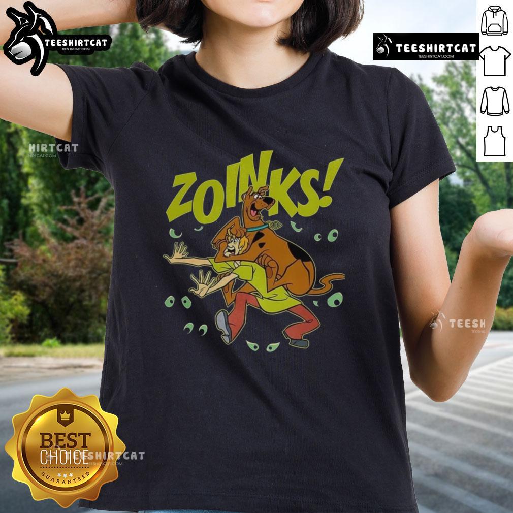 Premium The Scooby Doo And Shaggy Rogers Vintage Cartoon Zoinks Ladies Tee Alt Text: Premium Scooby-Doo and Shaggy Rogers vintage cartoon tee for ladies featuring a fun 'Zoinks!' design.