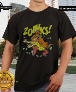 Alt Text: Premium Scooby-Doo and Shaggy Rogers vintage cartoon Zoinks T-shirt featuring colorful design and classic characters.