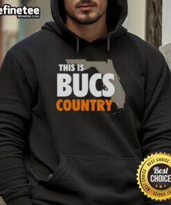 Premium 'This Is Bucs Country' hoodie featuring team colors and logo, perfect for fans of the Tampa Bay Buccaneers.