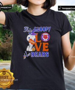 Alt Text: Premium Snoopy Love Her Chicago Bears Ladies Tee featuring a cute Snoopy graphic and stylish design for fans.
