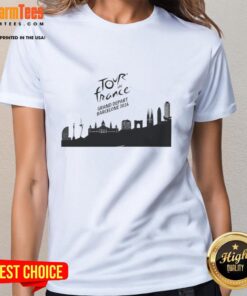 Premium Tour de France Grand Depart Barcelona 2026 skyline ladies tee showcasing iconic city views and cycling spirit.