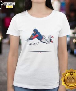 Premium Vladimir Guerrero Jr. Super Vlad Flying Slide Ladies Tee featuring vibrant graphics and stylish design.