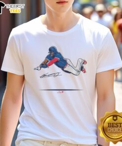 Premium Vladimir Guerrero Jr Super Vlad Flying Slide T-Shirt featuring vibrant graphics of the baseball star in action.