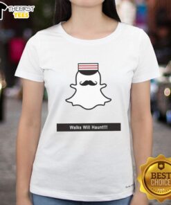 Premium Walks Will Haunt Snap Ghost Ladies Tee with vibrant ghost graphic on a stylish women's t-shirt.