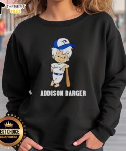 Pretty Addison Barger in a Toronto Blue Jays sweatshirt, showcasing team spirit and stylish fan fashion.