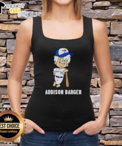 Alt Text: Pretty Addison Barger wearing a Toronto Blue Jays tank top, showcasing team spirit and style at the game.