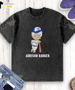 Alt Text: Pretty Addison Barger wearing a Toronto Blue Jays washed t-shirt, showcasing team spirit in a casual style.