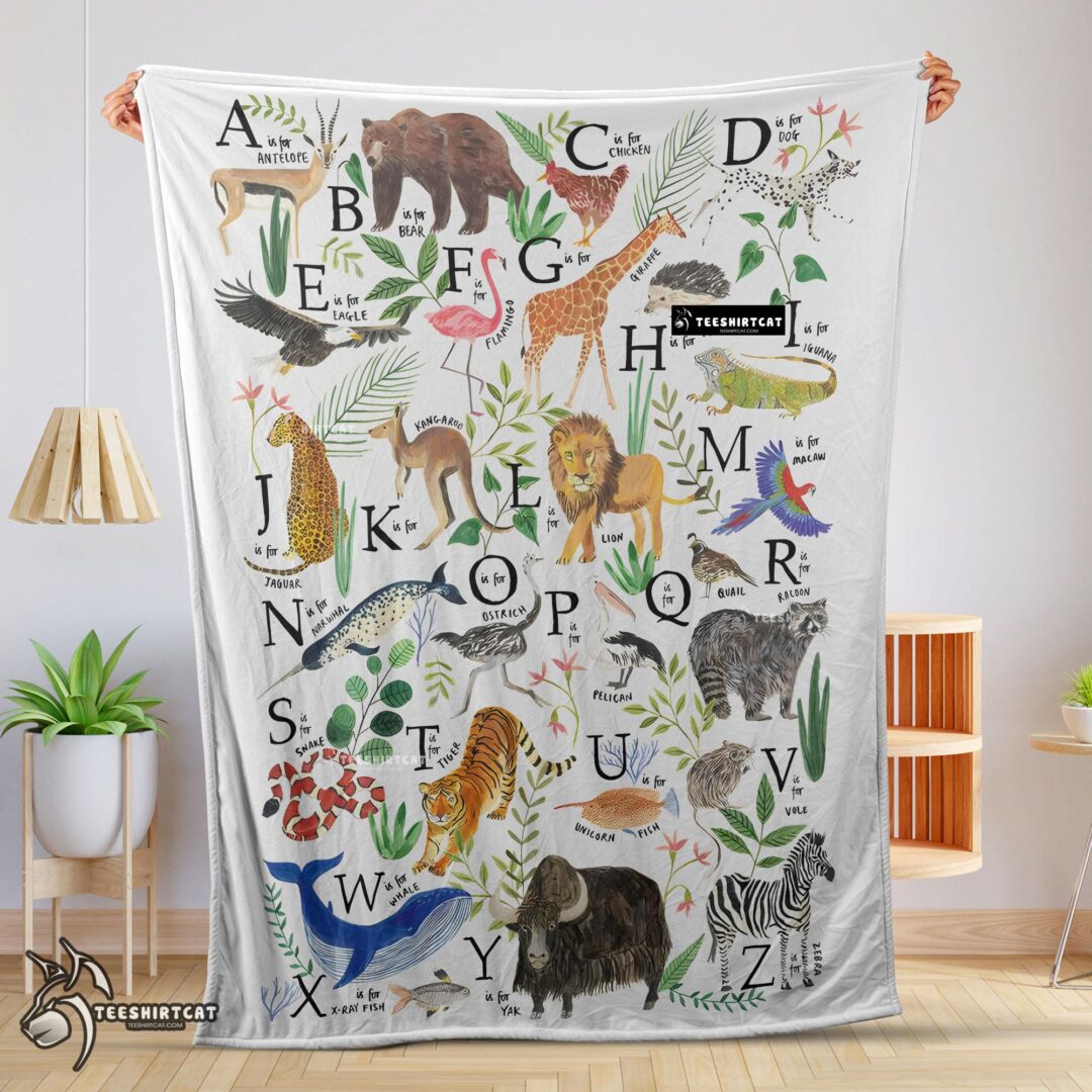 Pretty Animal Alphabet A To Z Watercolor Wildlife Blanket Fleece Customized Blanket-mk-01