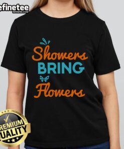 Pretty April Showers Bring May Flowers Ladies Tee featuring a vibrant floral design, perfect for spring fashion.