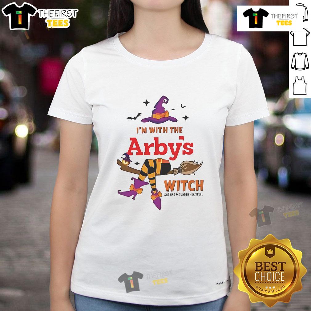 Pretty Arby's I'm With The Witch She Has Me Under Her Spell Halloween Ladies-Tee Pretty Arbys Halloween ladies tee featuring a witch design with the phrase 'She has me under her spell' in spooky fonts.