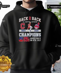 Alt Text: Cleveland Guardians hoodie celebrating 2024-25 AL Central Division Champions with Back 2 Back design and game details.
