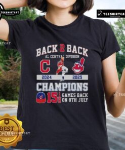 Alt Text: Cleveland Guardians Ladies Tee celebrating 2024-25 AL Central Division Champions with 'Back 2 Back' theme.