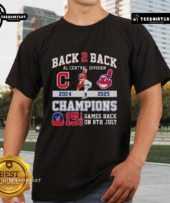 Alt Text: Cleveland Guardians 2024-25 AL Central Division Champions T-shirt celebrating games return on July 8th.