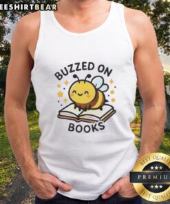 Pretty Bee Buzzed on Books Tank Top featuring a cute bee graphic and book illustrations, perfect for book lovers.