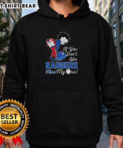 Alt Text: Pretty Betty Boop hoodie featuring 'If You Don't Like Texas Rangers, Kiss My Ass' design in vibrant colors.