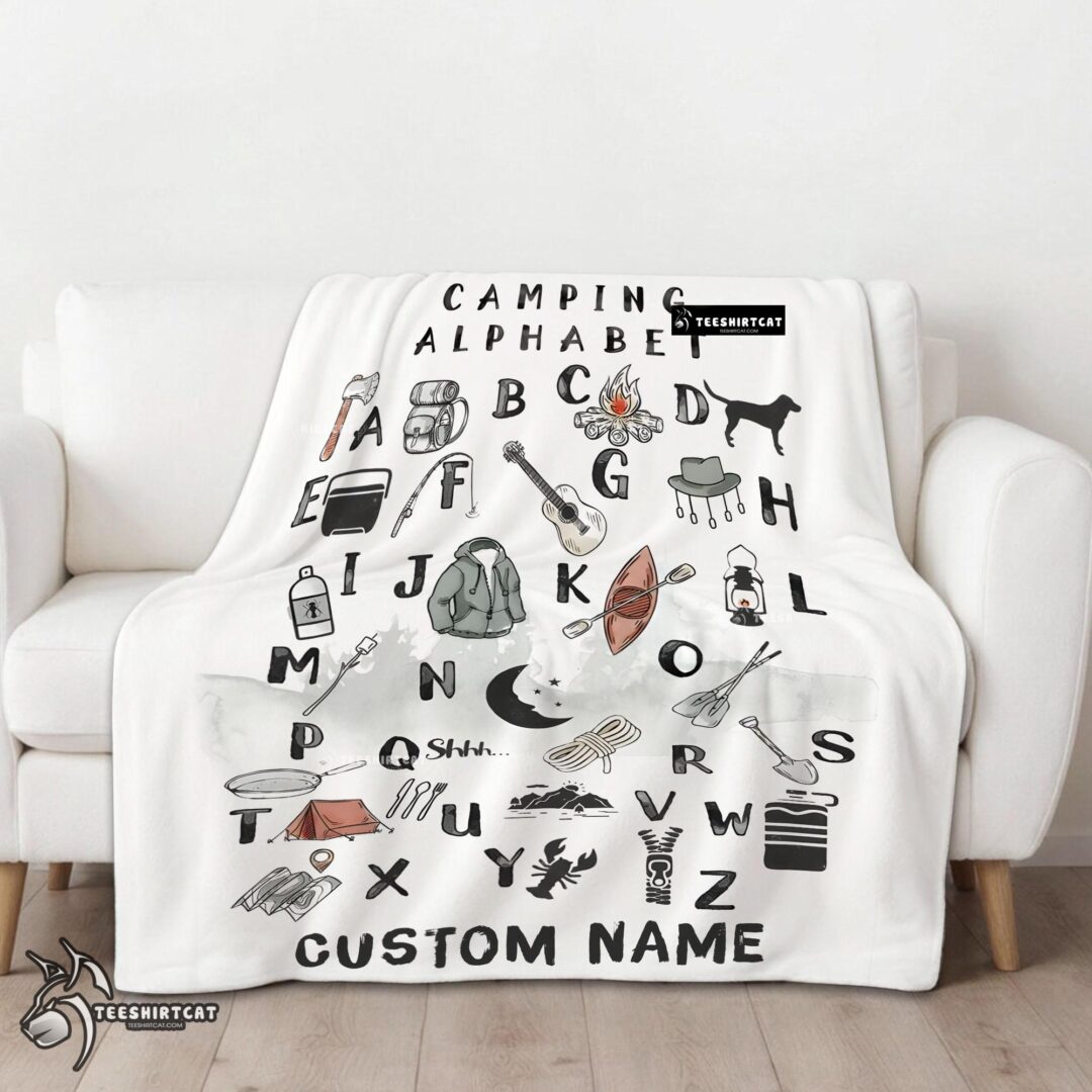 Pretty Camping Equipment Camping Alphabet Blanket Fleece Customized Blanket