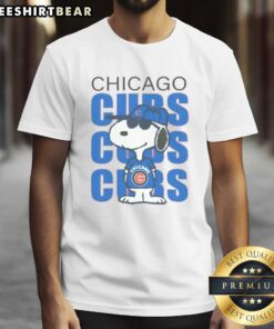 Alt Text: Pretty Carousell Chicago Cubs Snoopy T-Shirt featuring a colorful design of Snoopy in Cubs gear, perfect for fans.